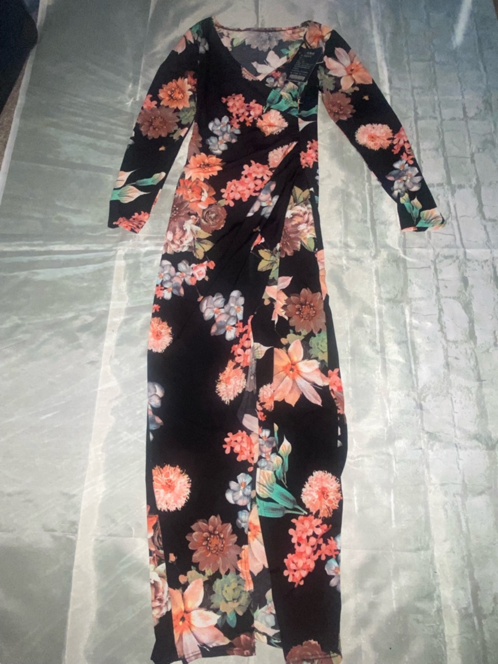 Black Floral Maxi Wrap Dress with Coral Blooms